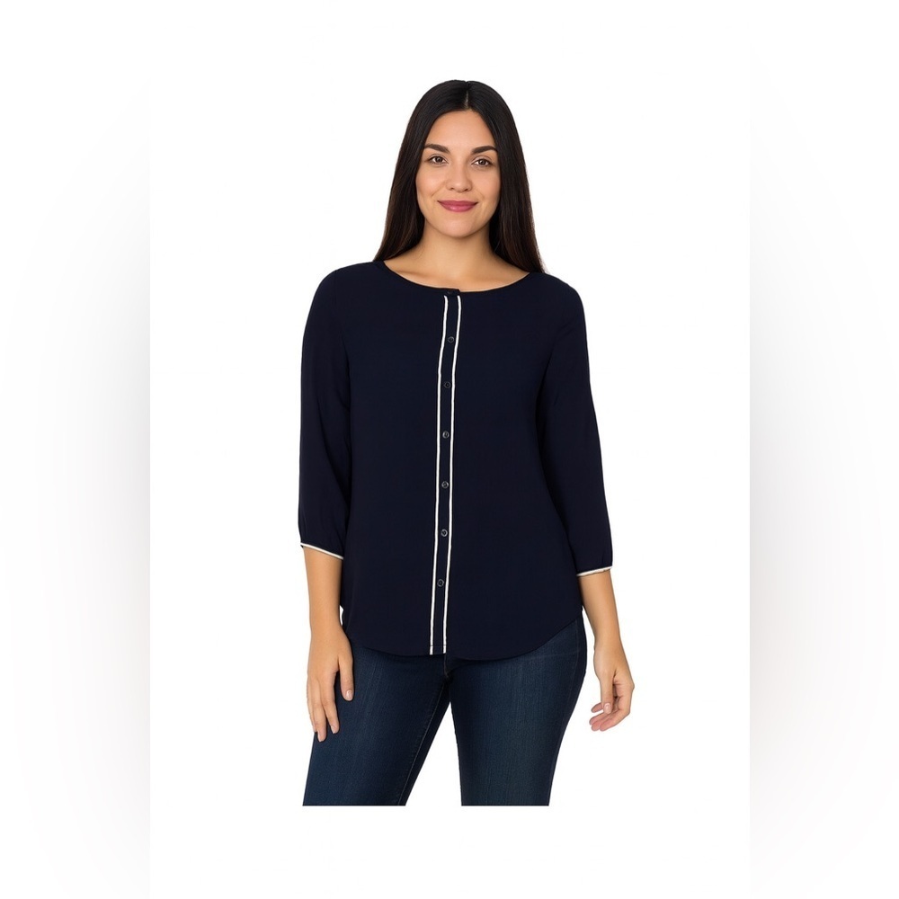 Jcp. Women’s navy button down blouse white stripe